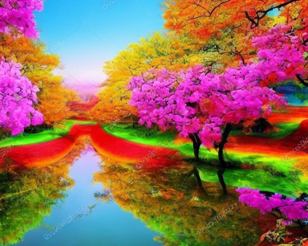 Colorful landscape with reflective lake and vibrant trees under bright sky