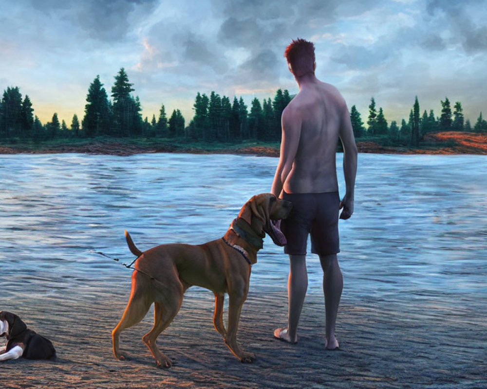 Shirtless man with dogs by lake at dusk