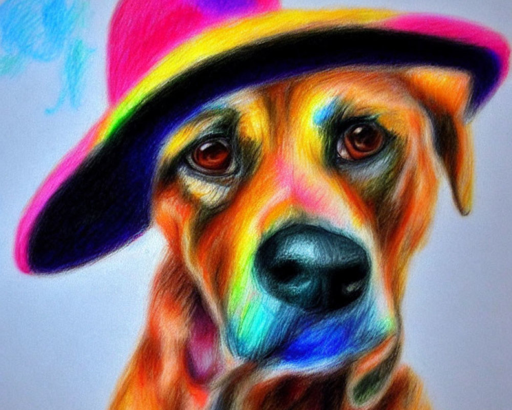 Vibrant drawing of a dog in rainbow hat with colorful fur blend