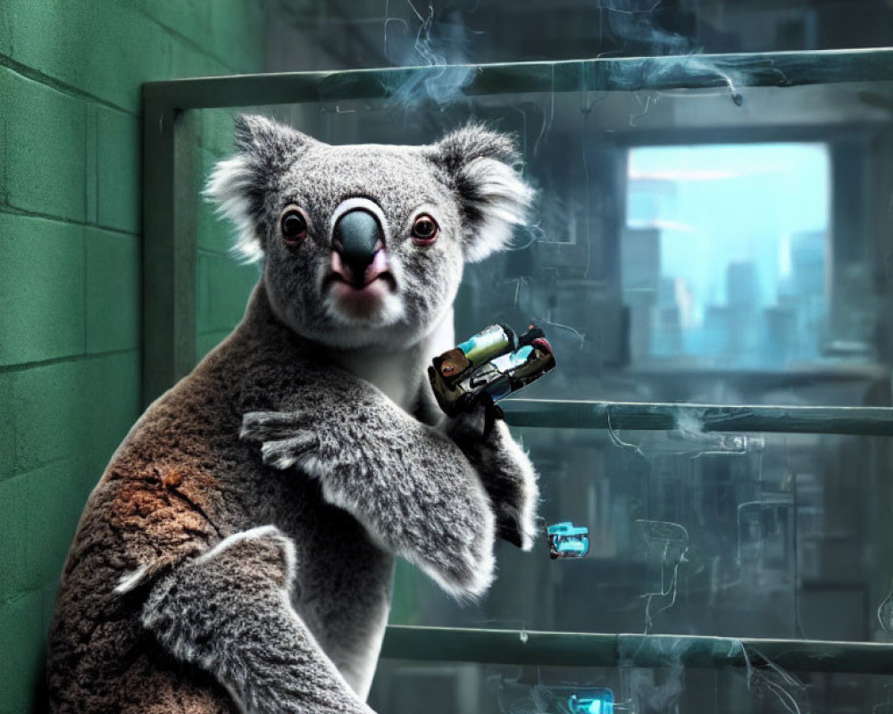 Koala with model car in moody cityscape setting