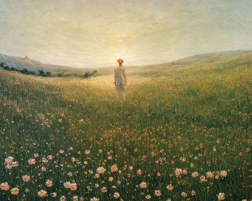 Tranquil painting of figure in wildflower field at sunset
