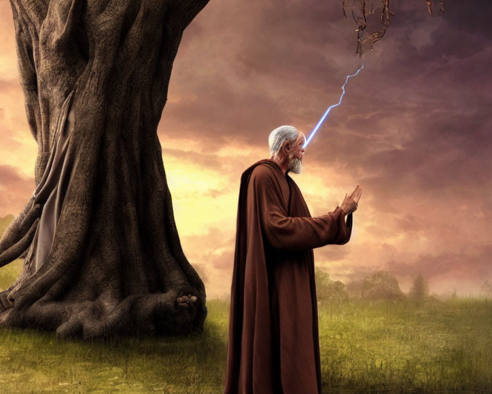Elderly wizard casting spell under giant tree at dusk