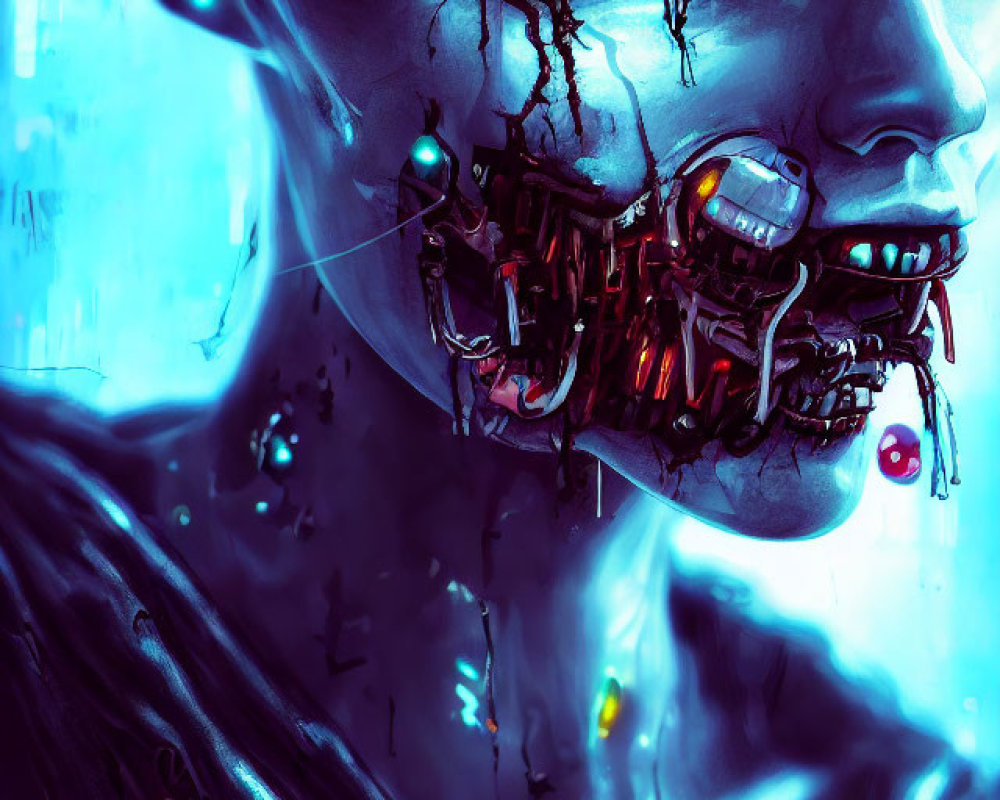 Futuristic robotic head with glowing orange eyes and cybernetic enhancements in blue digital setting