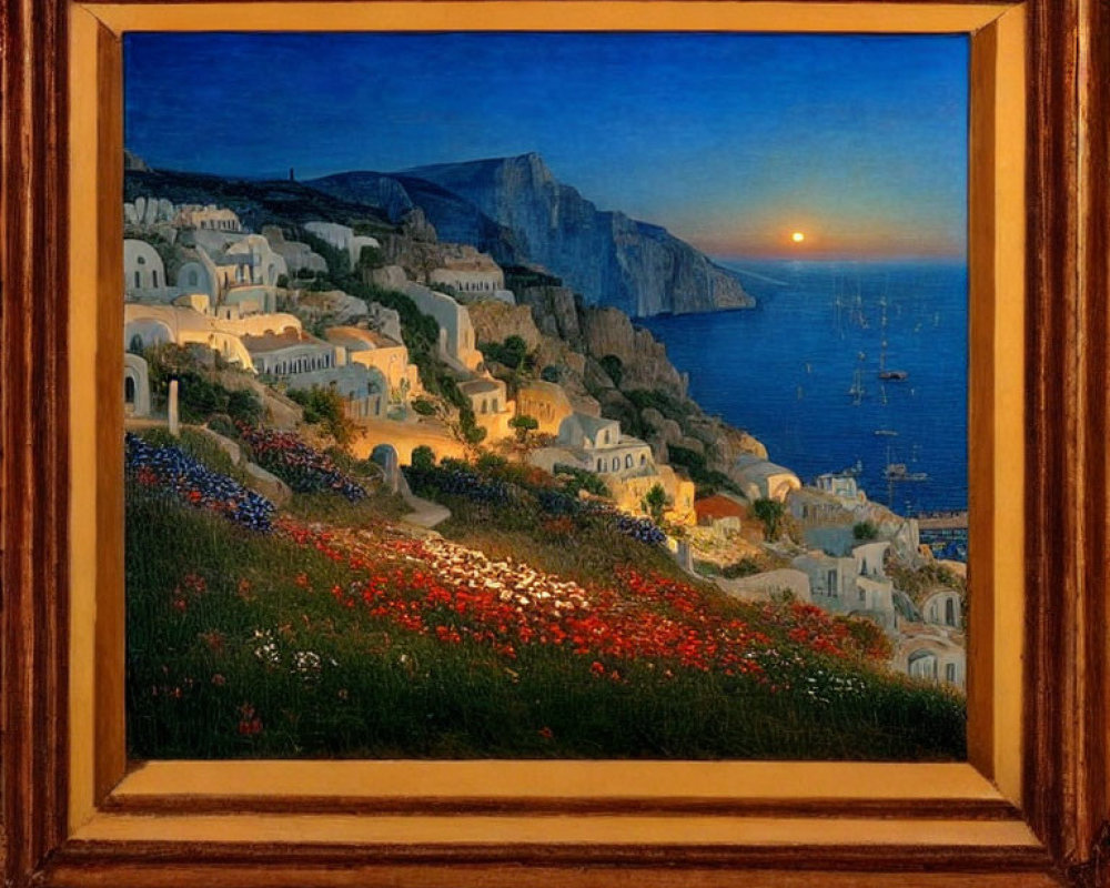 Coastal Village Sunset Painting with White Buildings, Calm Sea, Boats, and Flower-C