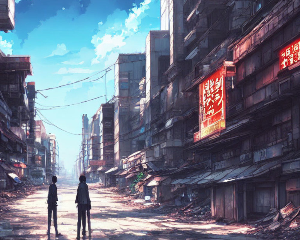 Desolate street scene with two figures and red neon sign