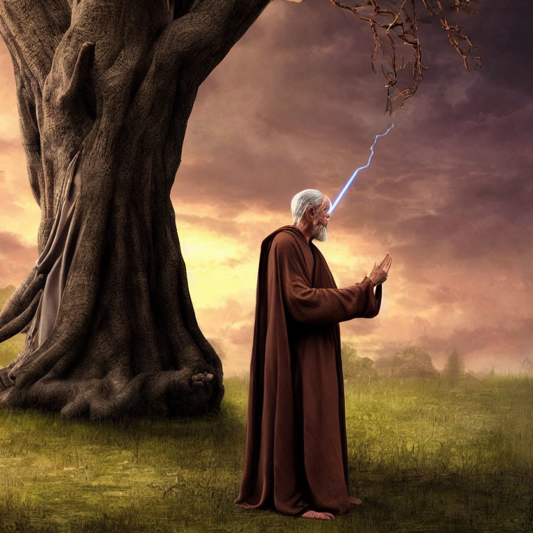 Elderly wizard casting spell under giant tree at dusk