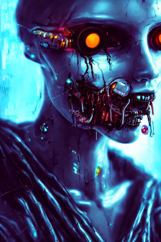Futuristic robotic head with glowing orange eyes and cybernetic enhancements in blue digital setting