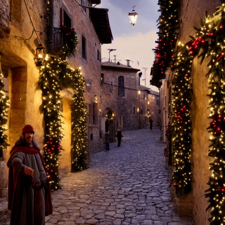 Historical costume figure in festive cobblestone alley with Christmas lights
