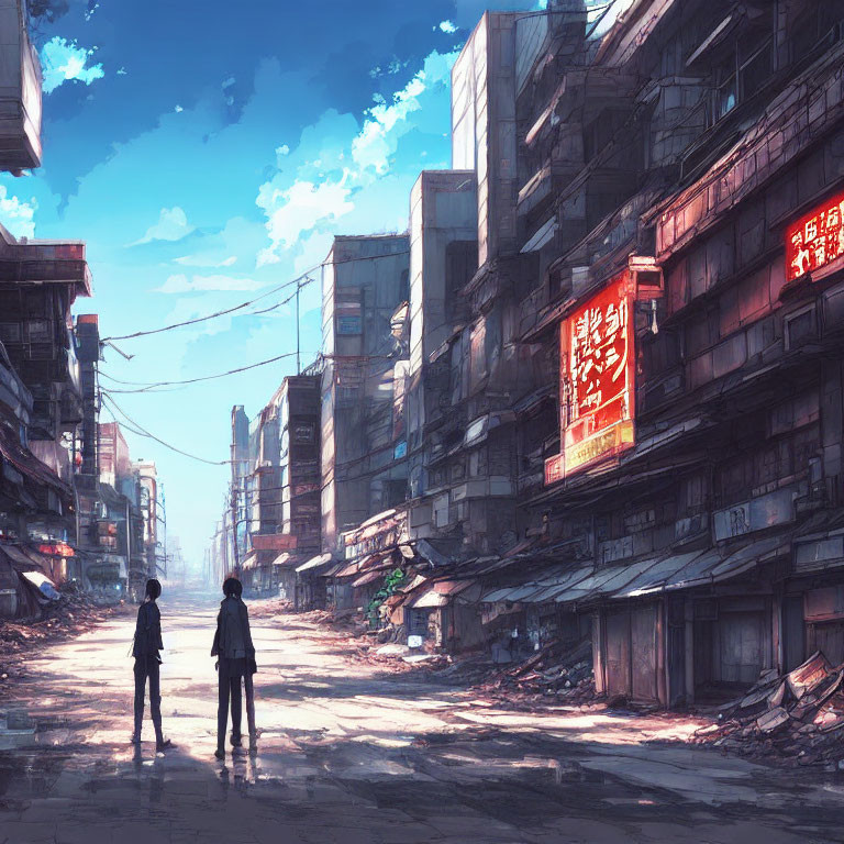 Desolate street scene with two figures and red neon sign