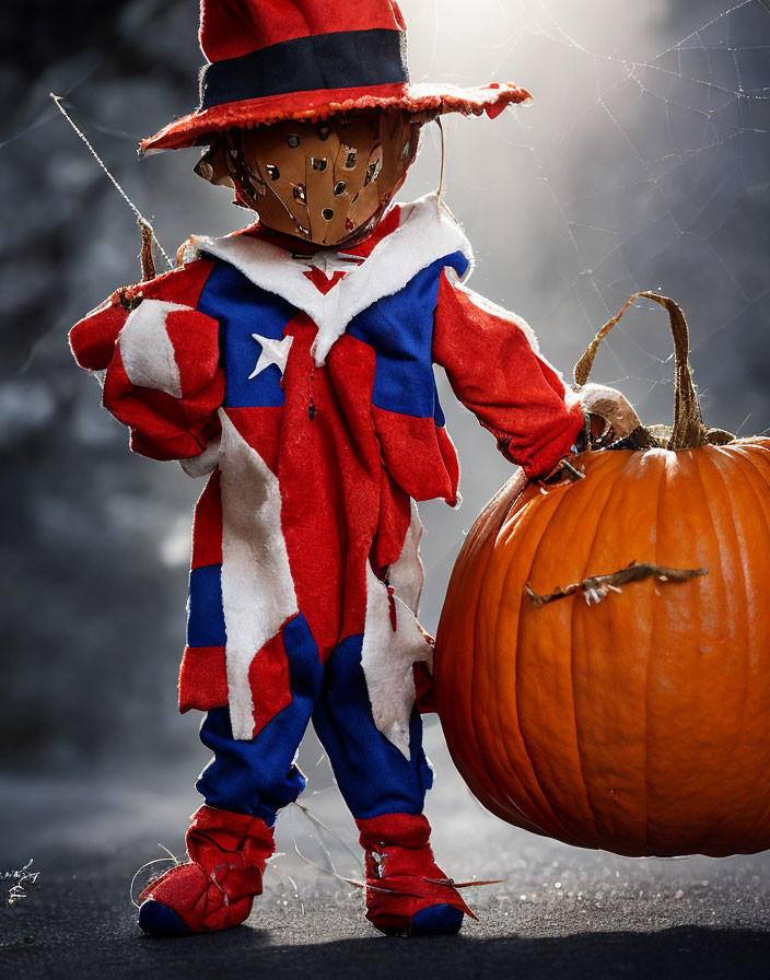 Patriotic scarecrow with pumpkin and cobwebs