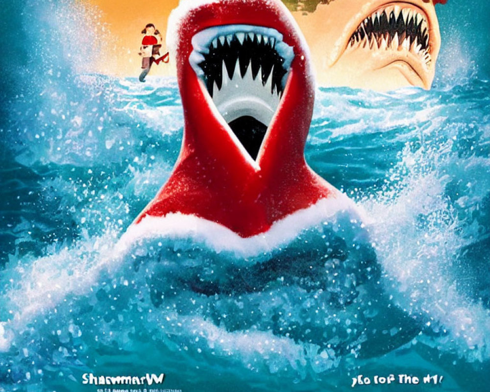 Large Santa Hat Shark Surfacing from Ocean on Holiday Poster