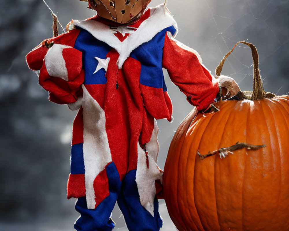 Patriotic scarecrow with pumpkin and cobwebs