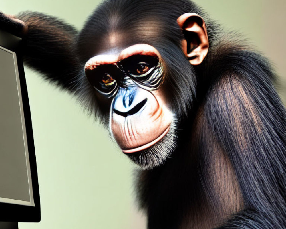 Detailed chimpanzee with human-like eyes on digital tablet against beige backdrop