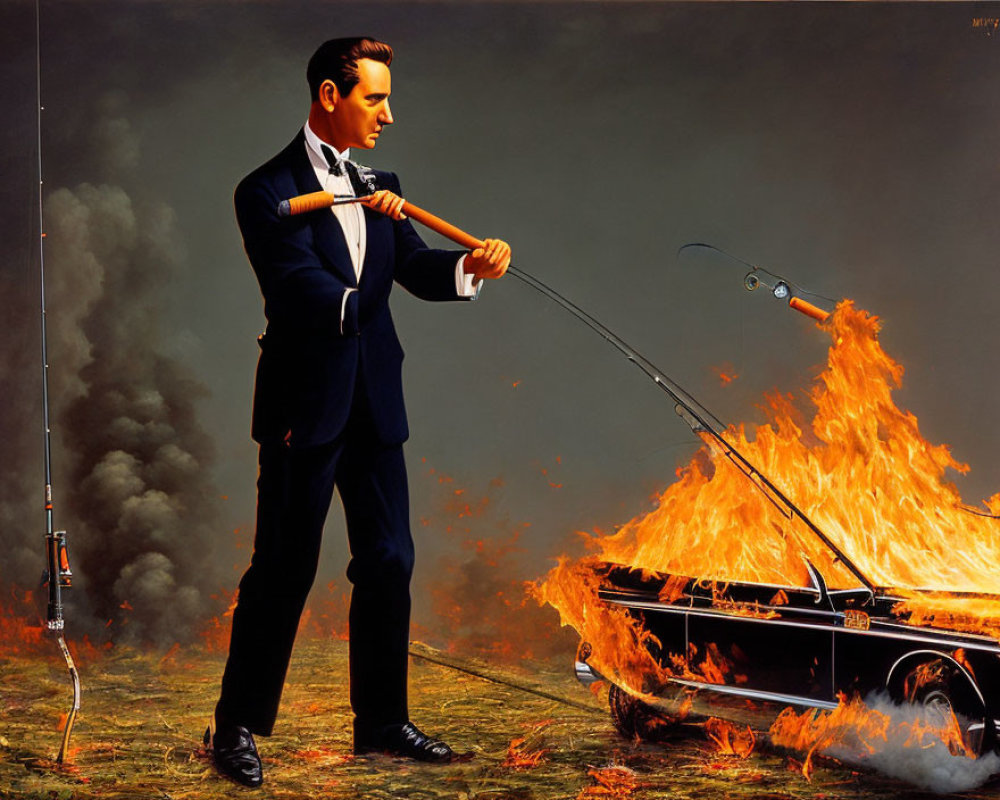 Surreal art: Man in suit plays violin with bow-fishing rod, car burns, fish