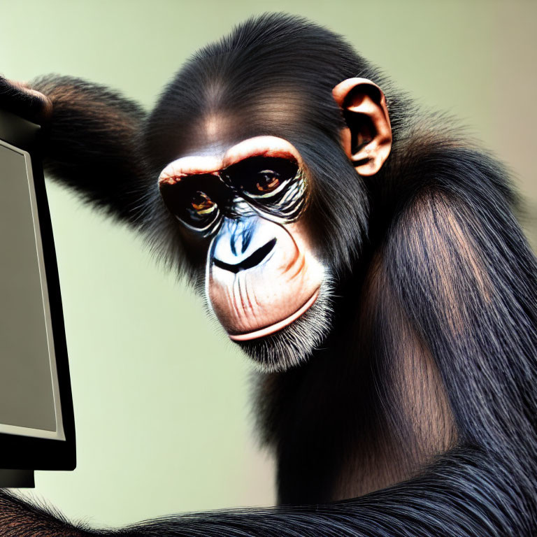 Detailed chimpanzee with human-like eyes on digital tablet against beige backdrop