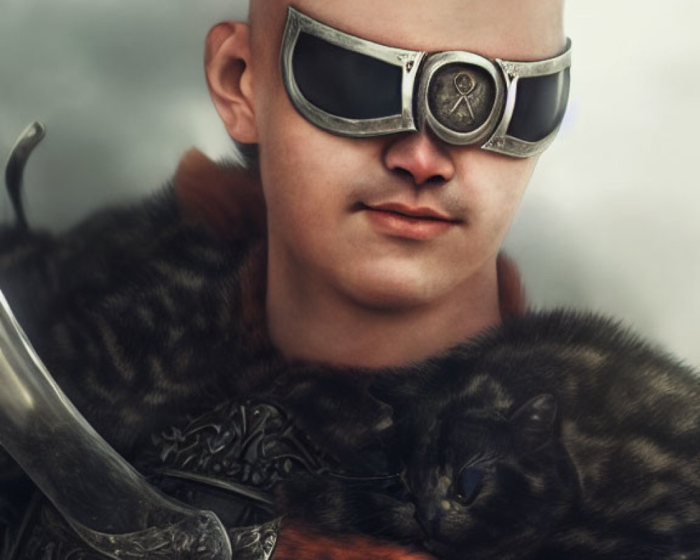 Person with Mohawk in Armor with Cat on Shoulder Under Cloudy Sky