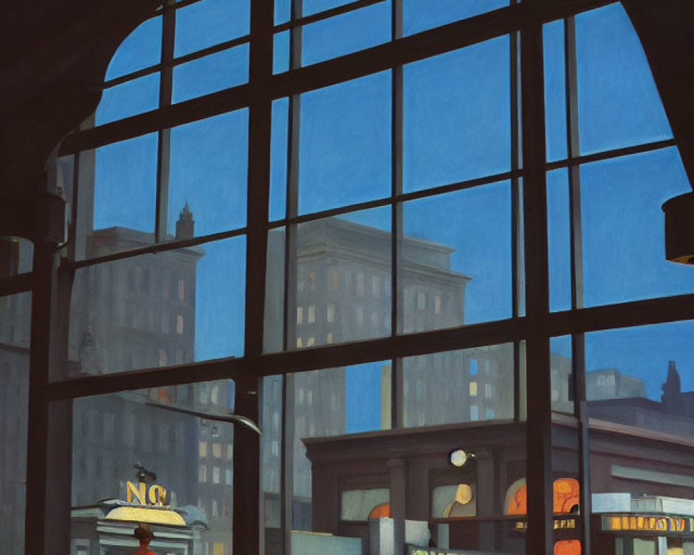 Woman in Red Dress Looking at Urban Landscape from Large Window
