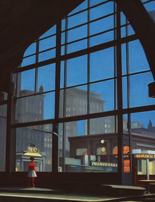Woman in Red Dress Looking at Urban Landscape from Large Window