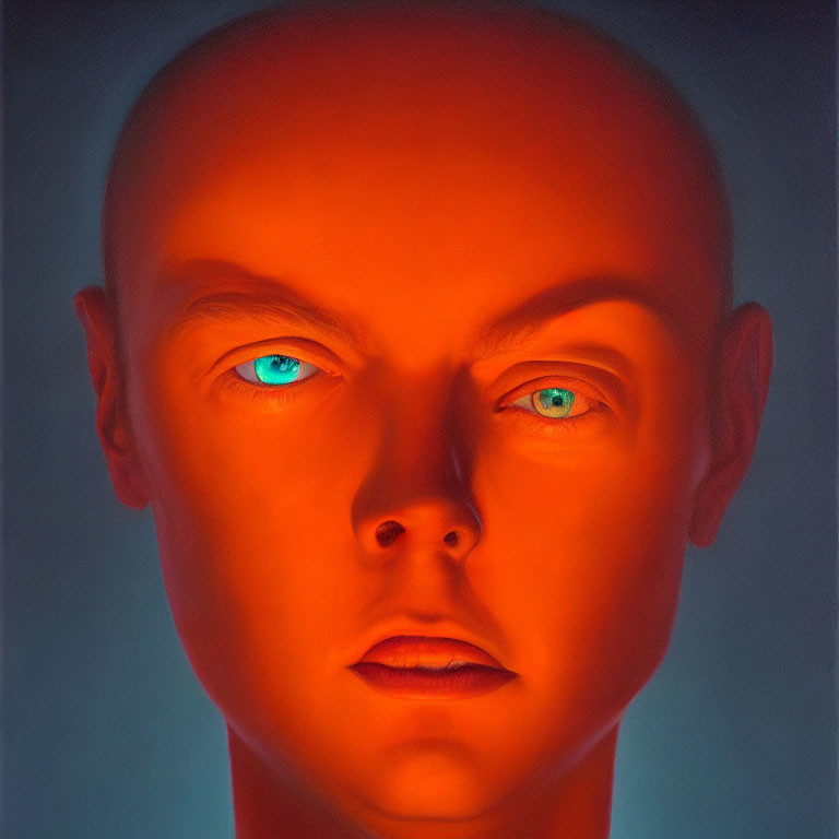 Hyper-realistic painting of person with glowing blue eyes on red to blue background