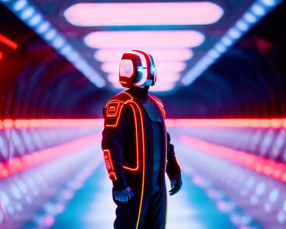 Futuristic suit person in neon-lit tunnel with pink and blue lighting