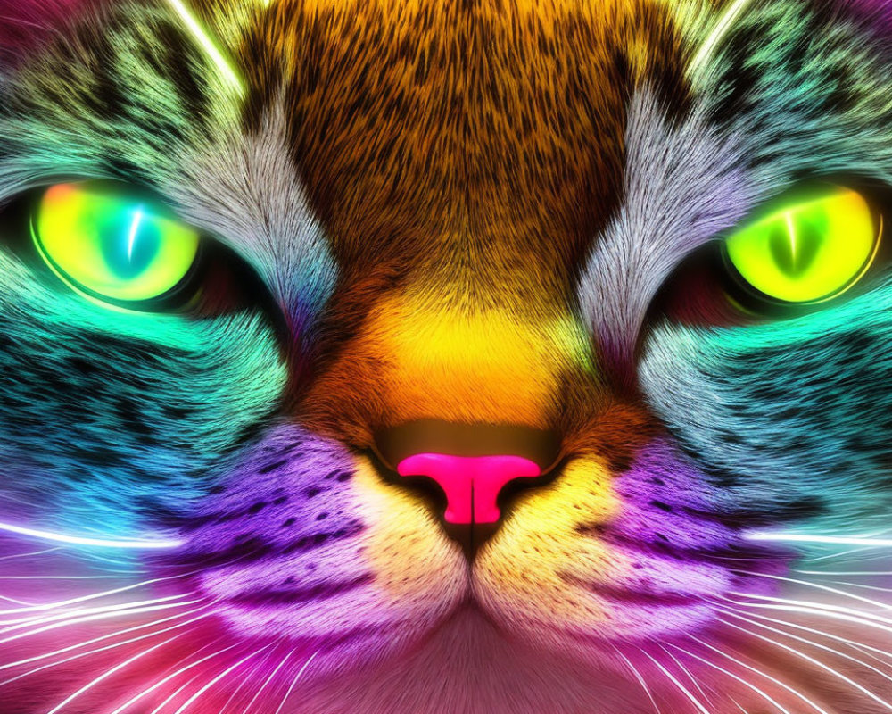 Colorful Close-Up: Cat's Face with Neon-Green Eyes & Rainbow Fur