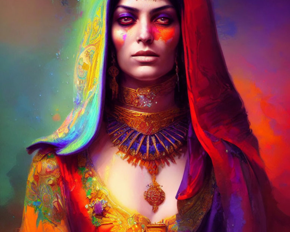 Colorful digital portrait of a mystical woman with third eye and gold jewelry