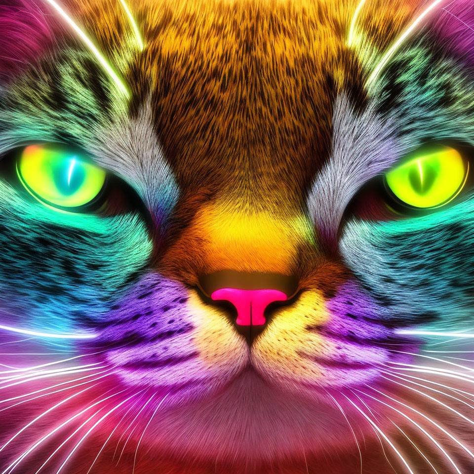 Colorful Close-Up: Cat's Face with Neon-Green Eyes & Rainbow Fur