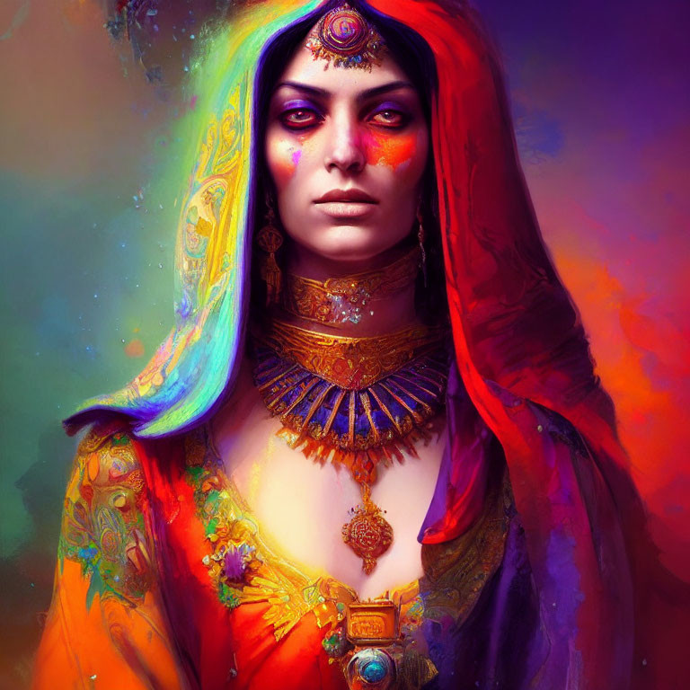 Colorful digital portrait of a mystical woman with third eye and gold jewelry