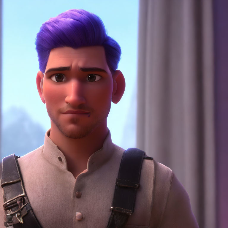Purple-Haired 3D Animated Male Character in Grey Vest and Leather Strap