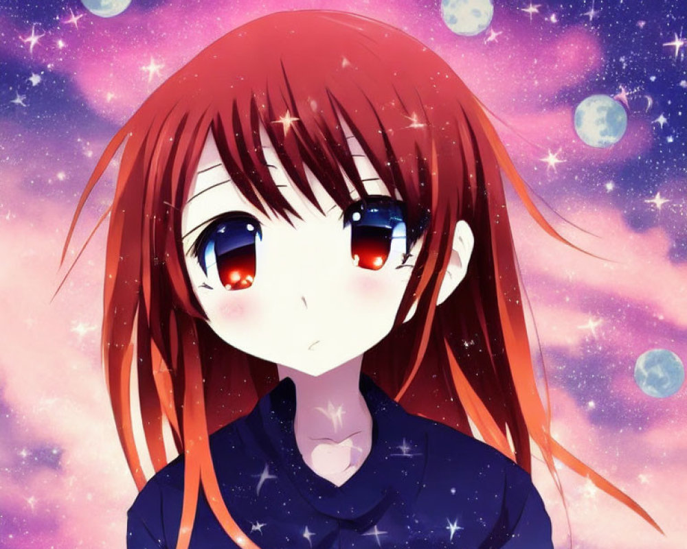 Red-haired girl with expressive eyes in animated space scene