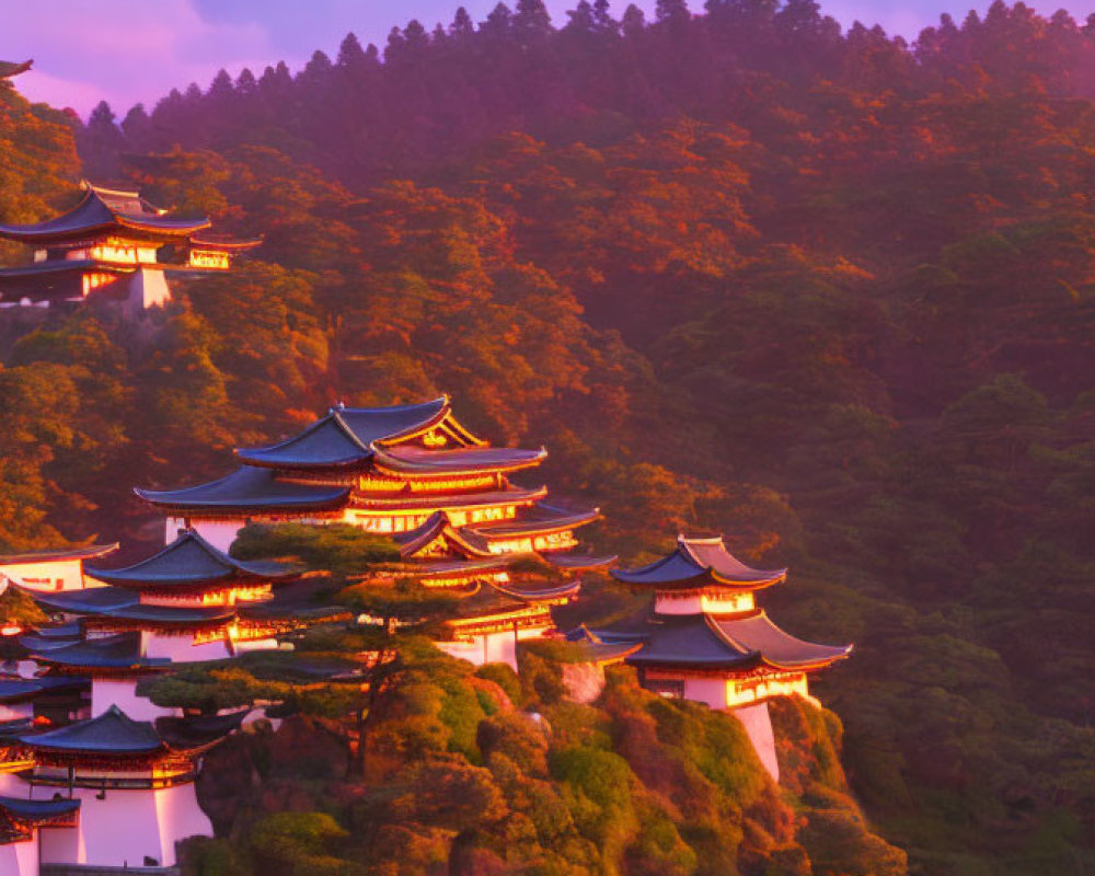 Asian Temples on Cliff at Sunset with Purple Sky