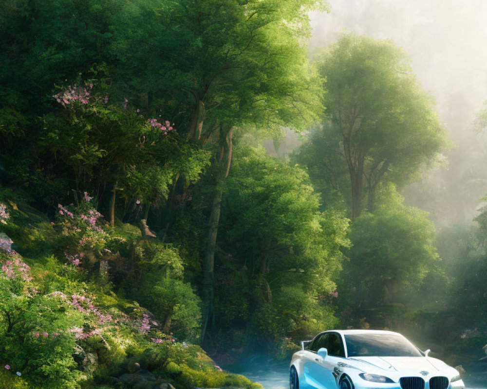 Blue Sports Car Parked by Serene Forest Stream
