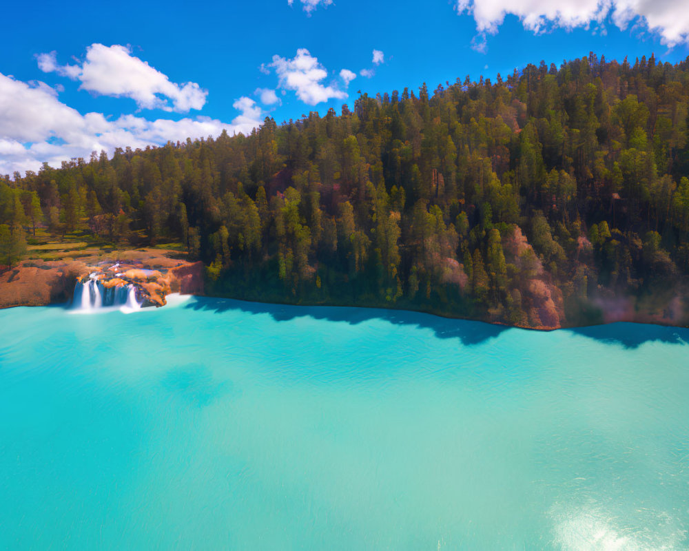 Turquoise Lake with Waterfall Surrounded by Lush Forests