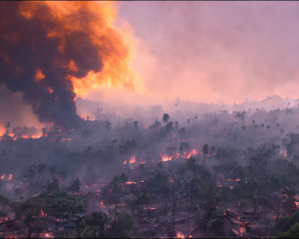 Destructive wildfire burning forest at dusk