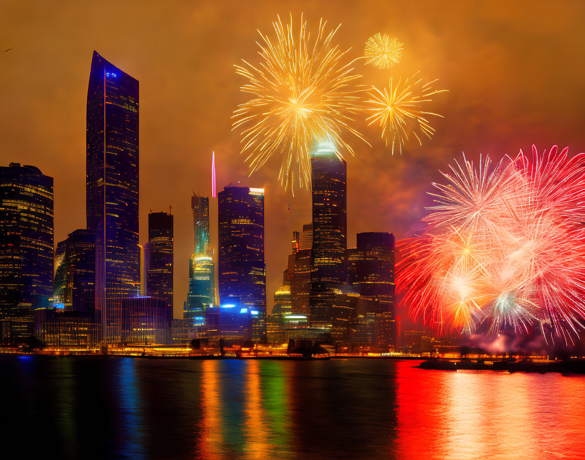 Colorful fireworks above illuminated city skyline at night