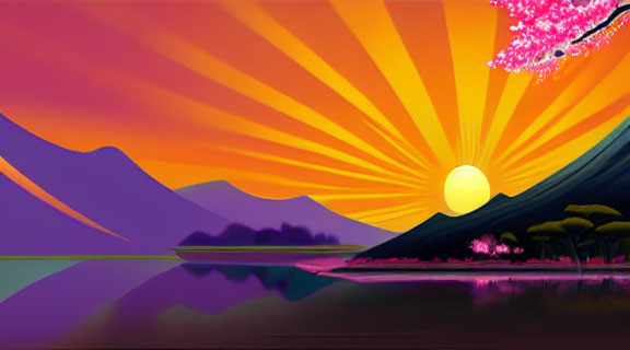 Colorful digital artwork of sunset over lake with mountains and trees.