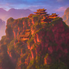 Asian Temples on Cliff at Sunset with Purple Sky