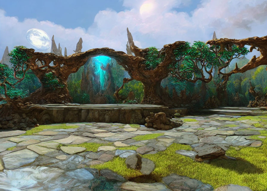 Fantasy landscape with stone pathways, glowing trees, and dual moons