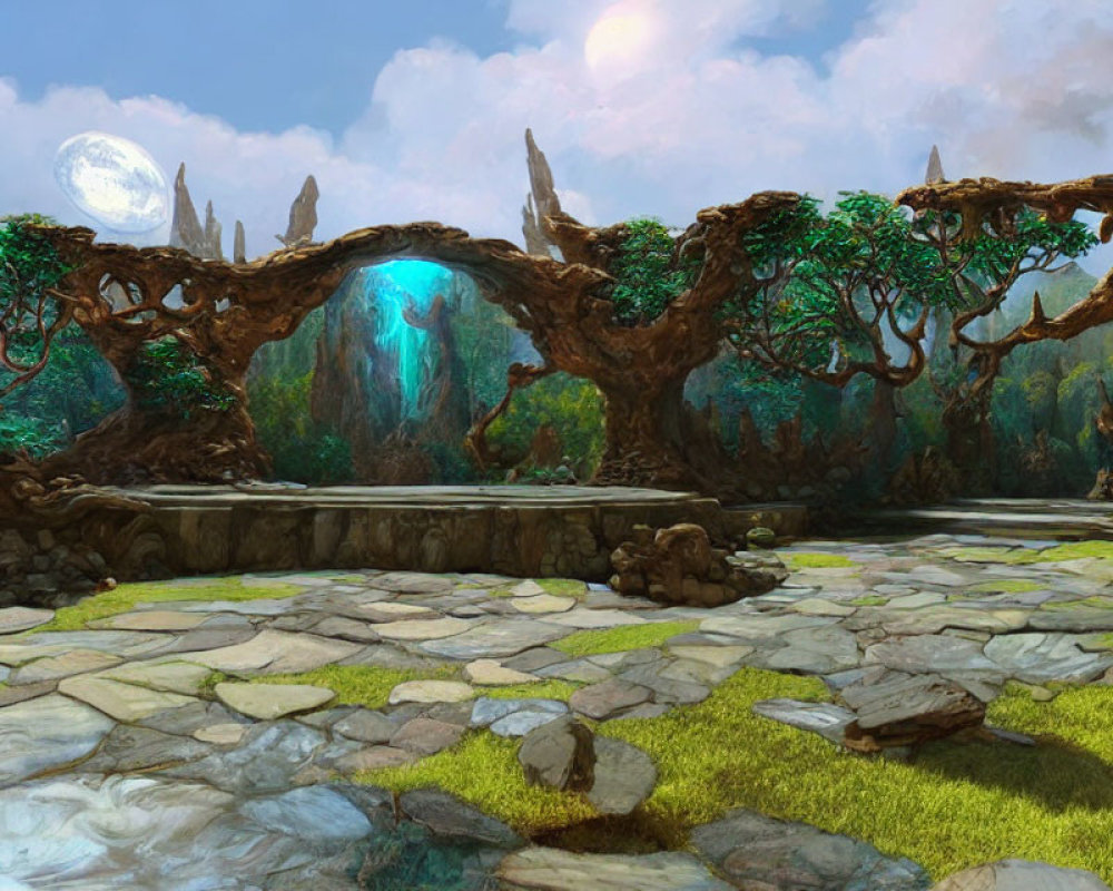 Fantasy landscape with stone pathways, glowing trees, and dual moons