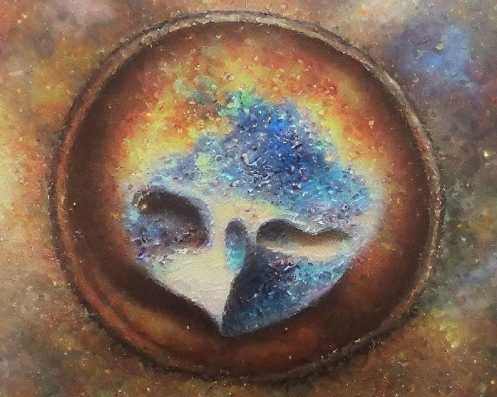 Cosmic-themed mask with nebula pattern and stars in rust-colored frame