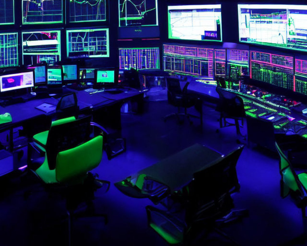Modern control room with glowing monitors, desks, chairs, blue and purple lighting