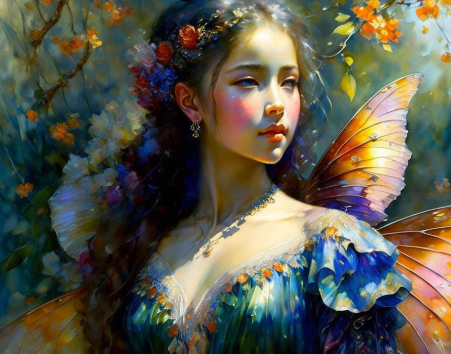 Whimsical artwork of a woman with butterfly wings and flowers in serene ambiance
