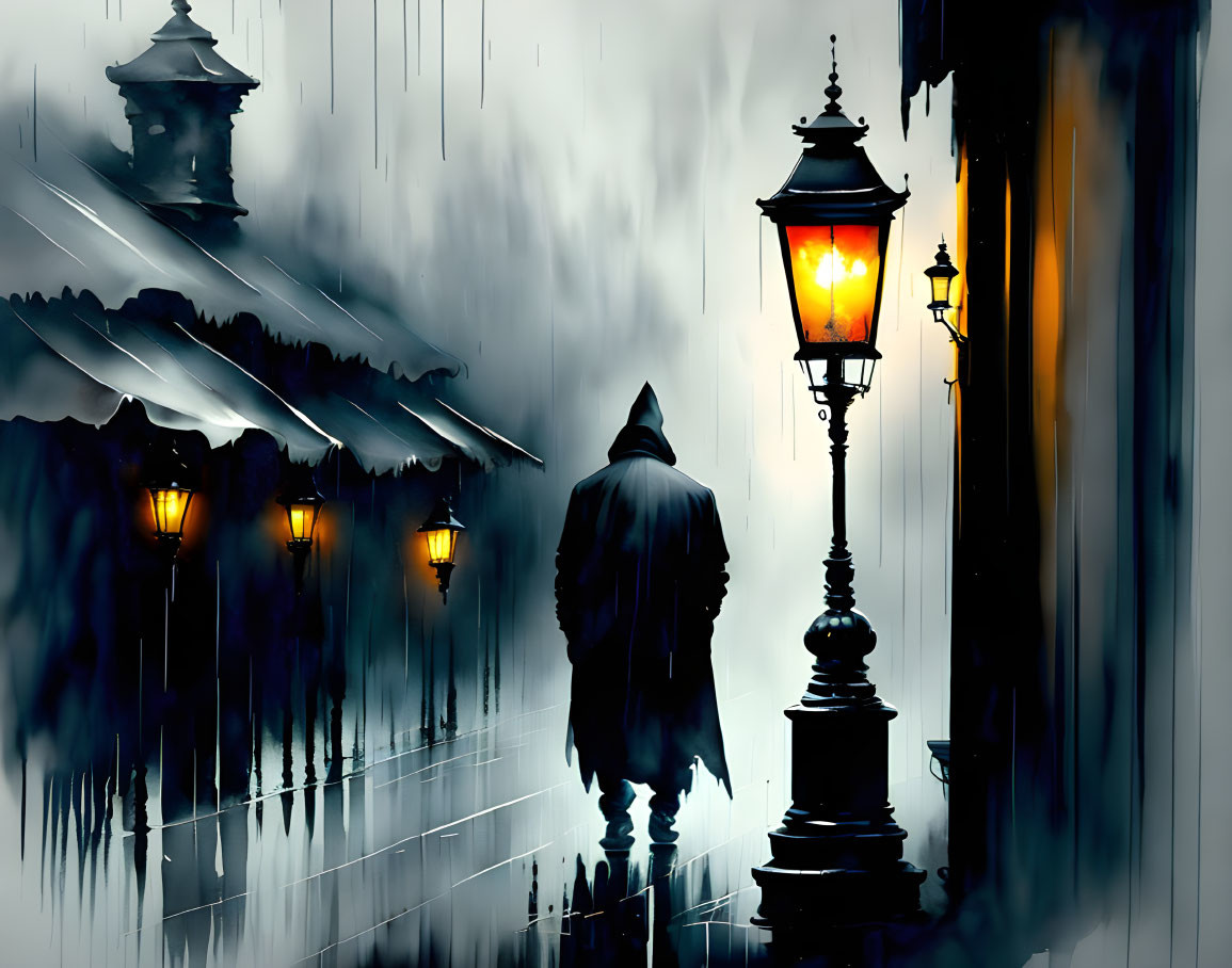 Person walking towards glowing street lamps on a rainy night with traditional building silhouettes.