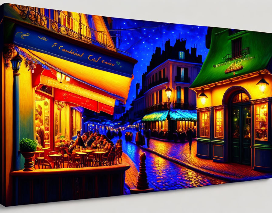 Vibrant street at night with illuminated cafes and starry sky
