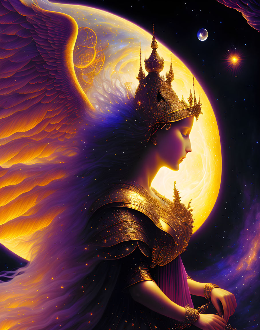 Golden-winged celestial figure in ornate armor against cosmic backdrop.