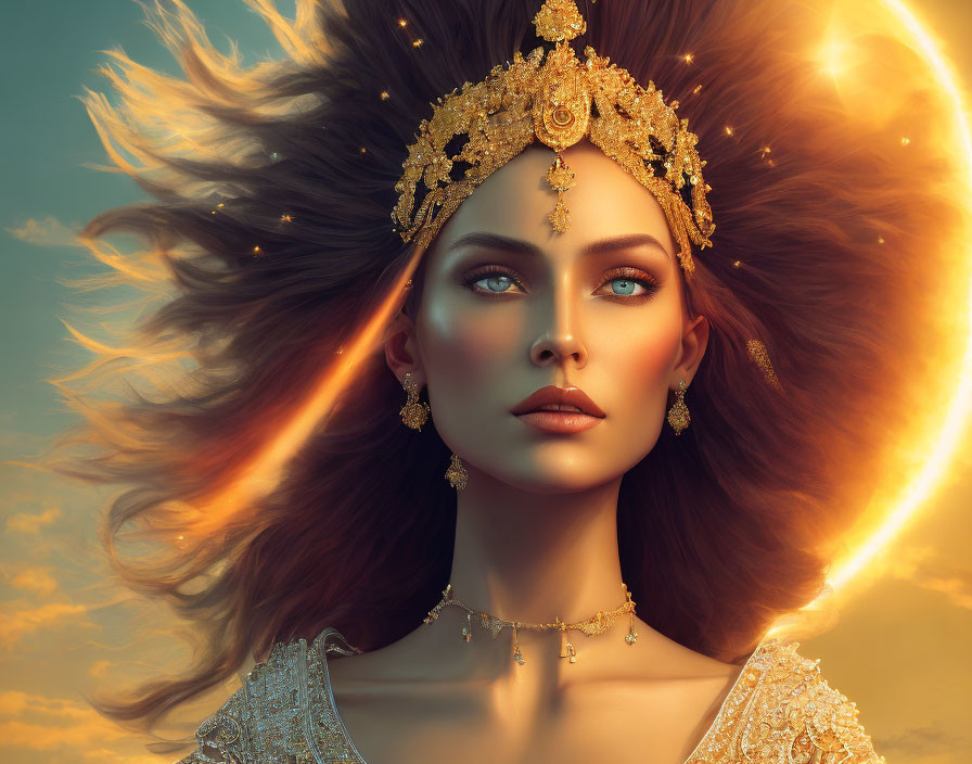 Digital artwork: Woman with flowing hair and golden headdress in celestial backdrop