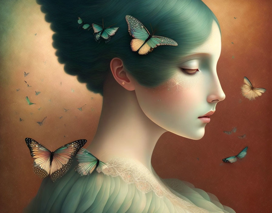 Woman surrounded by butterflies in serene illustration