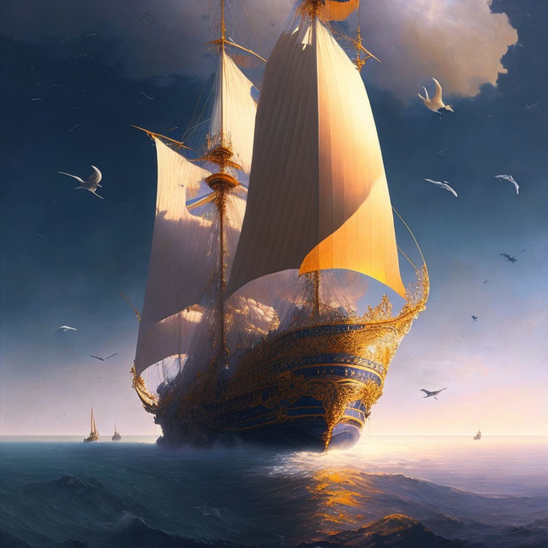 Golden vessel sailing on tranquil sea at sunset with billowing sails, birds, and distant ships