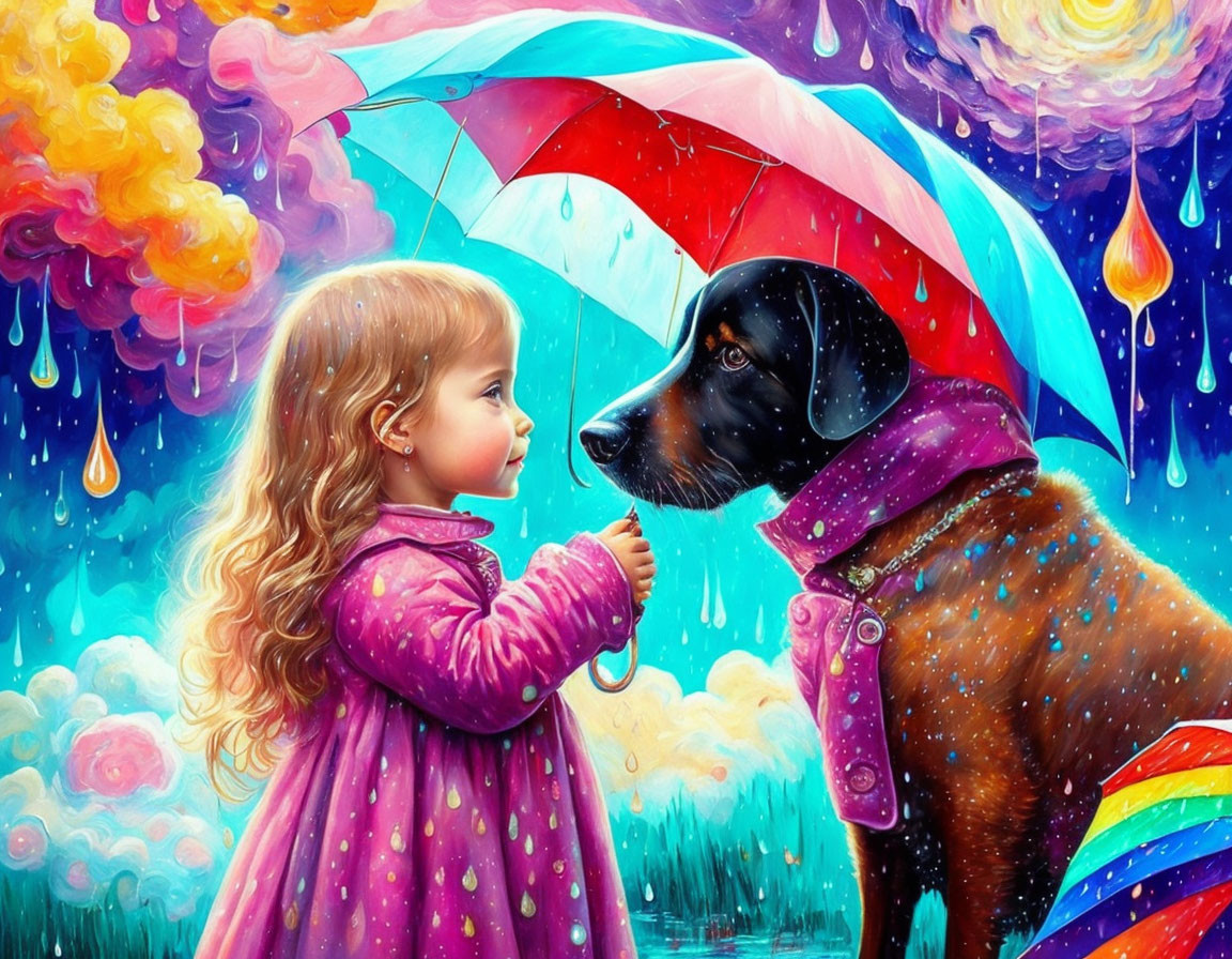 Young girl and large dog under colorful umbrella in vibrant rain scene
