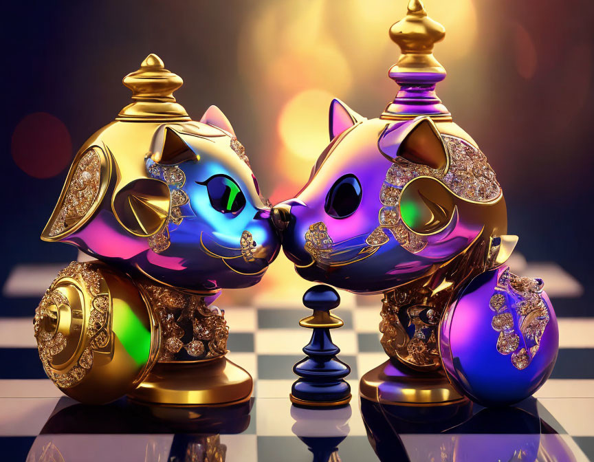 Ornate jewel-encrusted cat figurines on chessboard with warm glow